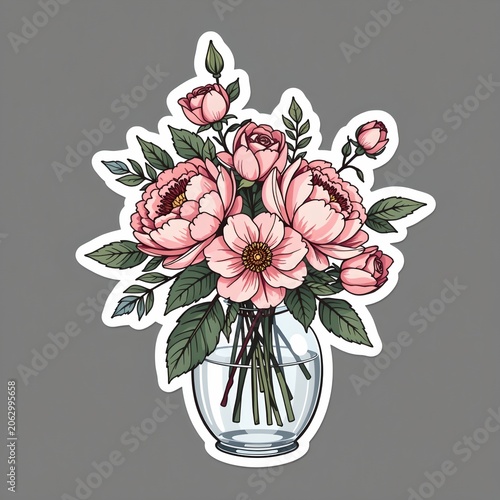 Decorative Vase with Pink Peonies and Roses Sticker Illustration