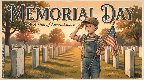 A young boy saluting in a cemetery on memorial day