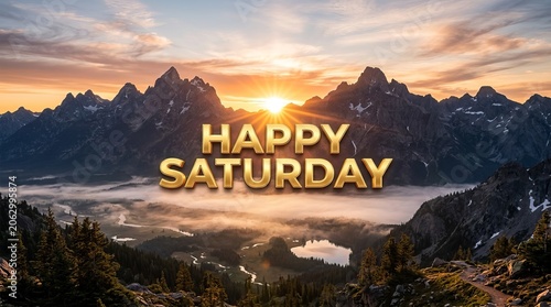 Happy Saturday Golden Text Over Majestic Mountain Sunrise Landscape with Fog