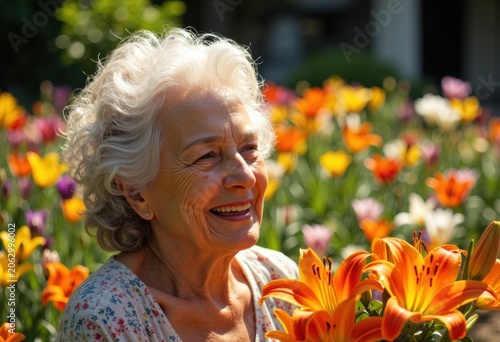 Woman smiling among orange lilies in a sunny garden reflecting giga concept