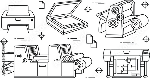 Принти на полотні Printing press and office equipment icons set with scanner plotter inkjet printe