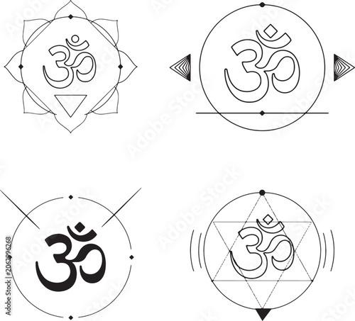 Om Symbol Set with Geometric and Sacred Elements - Minimalist Black and White Line Art Vectors for Yoga, Meditation and Tattoos