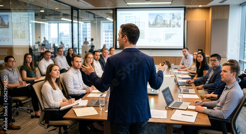 Businessman leading a corporate presentation in a modern boardroom
