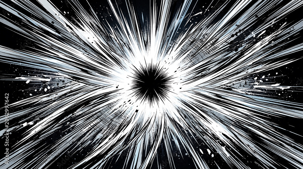 Obraz premium Abstract monochrome explosion featuring sharp radiating lines and ink splatters on a deep dark surface