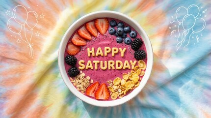 Happy Saturday Smoothie Bowl with Fruits and Granola, Balloons, Tie-Dye Background
