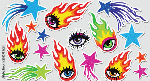 Tableau sur toile A vibrant collection of retro-futuristic stickers featuring psychedelic flaming eyeballs, blazing comets, and colorful shooting stars