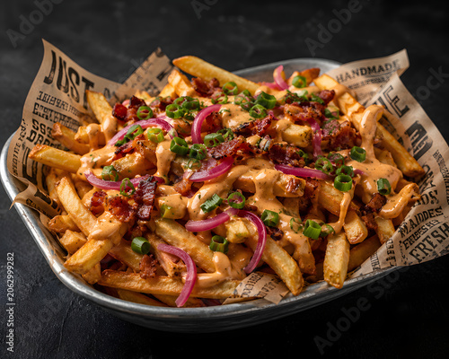 Gourmet Loaded French Fries with Cheese, Bacon, and Pickled Red Onions