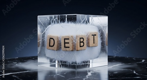A conceptual illustration of the word debt frozen inside a block of ice sitting on a dark marble surface.
