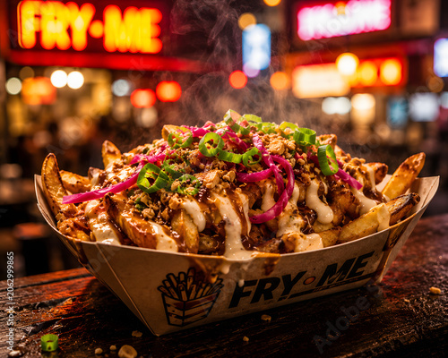 Gourmet Loaded French Fries with Cheese, Bacon, and Pickled Red Onions