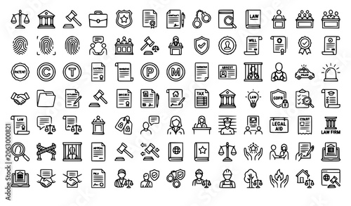 Foto Law and Legal Line Icon Set with Justice Court Lawyer Police and Agreement Outli