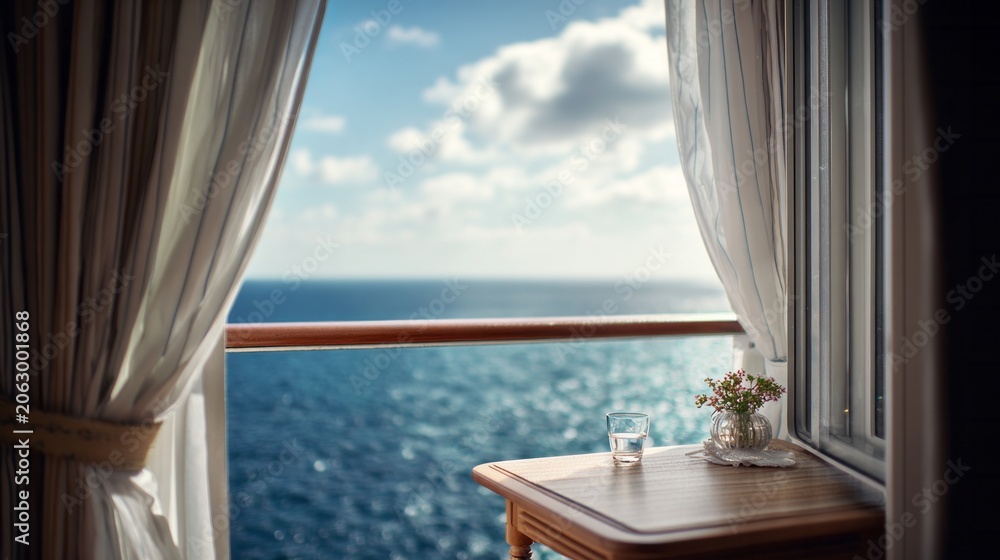 Fototapeta premium Scenic view from a ship's private balcony cabin, featuring curtains, a table with water and flowers, and open sea