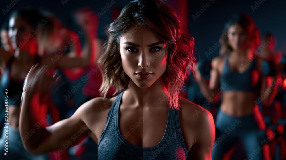 Naklejka premium Focused Woman Leading Energetic Fitness Class with Red Lighting and Blurred Participants
