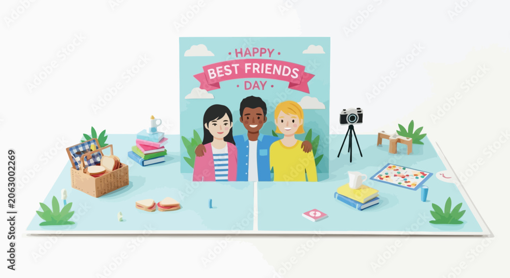 Fototapeta premium Pop up card illustration for Best Friends Day with picnic elements and a camera on tripod