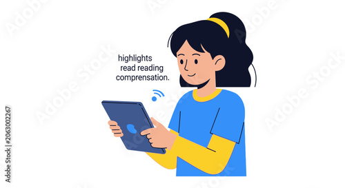 Young Girl Using Tablet for Digital Reading and Education Concept Flat Vector Illustration