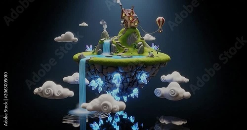 Fantasy Island with Waterfall and Clouds.