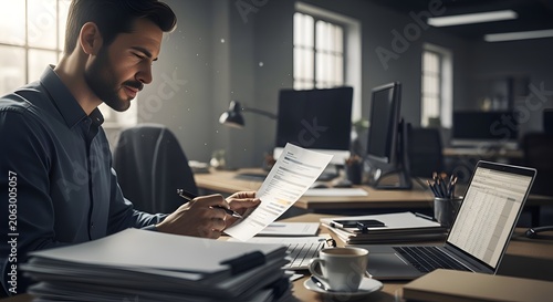 Focused professional reviewing documents, working in modern office environment.