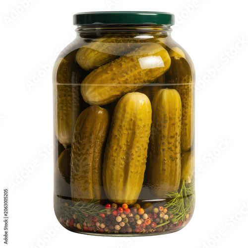 A clear glass jar filled with whole pickled cucumbers, fresh dill sprigs, and mixed peppercorns, isolated on a white background, for display