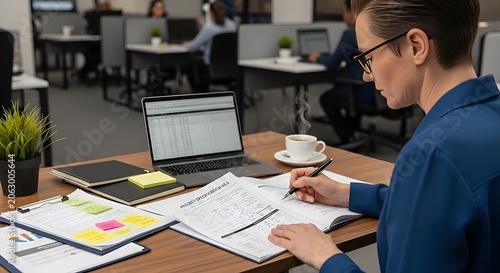 Focused professional working on documents at office desk