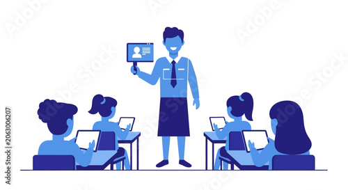 Modern Classroom Vector Illustration with Teacher and Students Using Digital Tablets for Interactive Learning