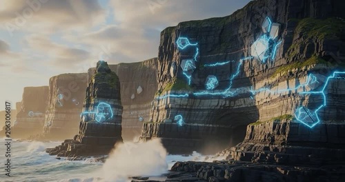 Mysterious Cliffs with Glowing Blue Symbols Ocean Waves.