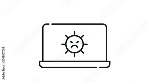 Laptop malware and virus icon: portable PC notebook computer displaying angry virus character on screen, minimalist black line art vector illustration.