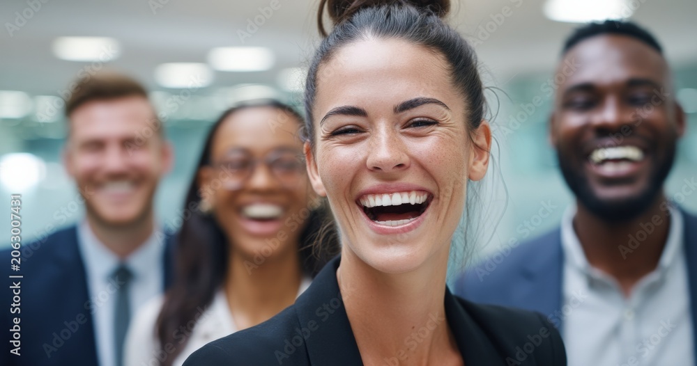 Fototapeta premium Diverse smiling business professionals in a modern office, representing teamwork and success