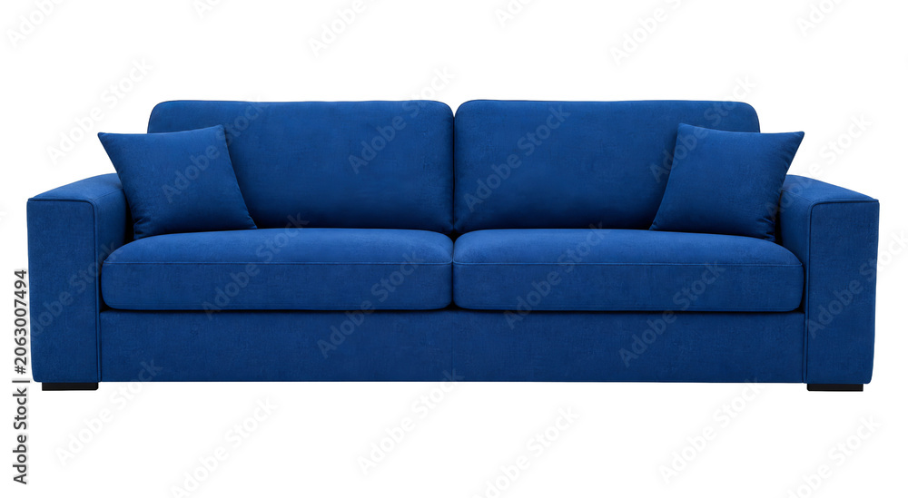 Fototapeta premium Modern blue sofa with plush cushions and clean lines, perfect for contemporary living spaces