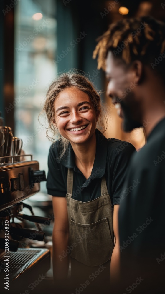 Obraz premium Young smiling barista woman serving coffee to customer in a modern cafe, happy interaction