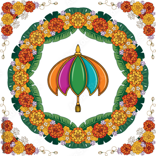 Traditional Onam Floral Wreath with Kerala Umbrella