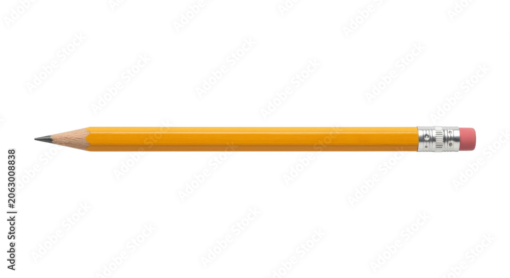 A classic yellow pencil with a pink eraser and sharpened graphite tip on a white background