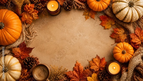 Autumn harvest frame background with orange pumpkins, maple leaves, candles and cozy knitted fabric