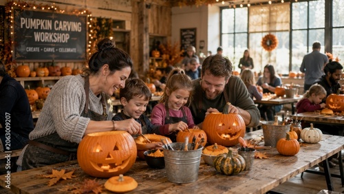 Happy family carving pumpkins at a community workshop during the festive autumn holiday season