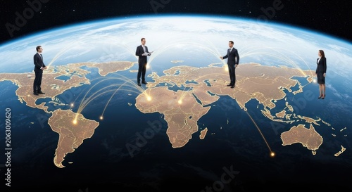Business professionals standing on a globe with interconnected lights