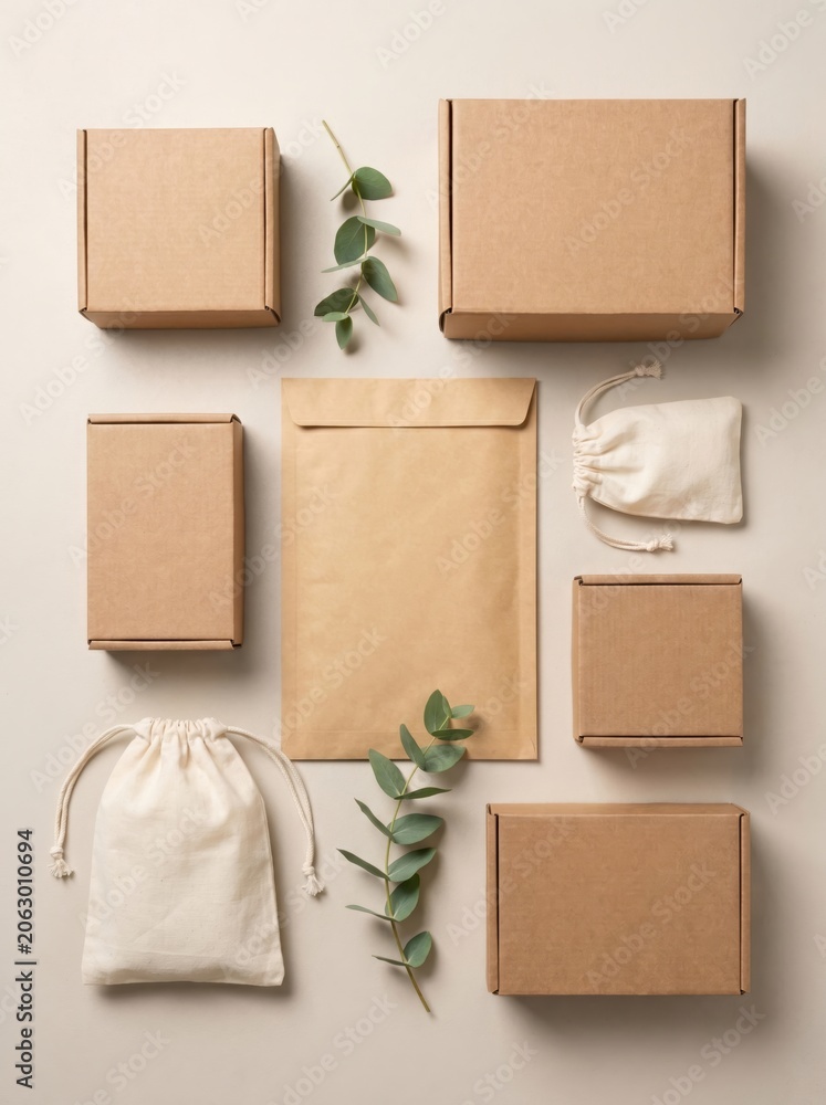 Fototapeta premium Eco Friendly Product Packaging Mockup with Cardboard Boxes and Paper Envelope