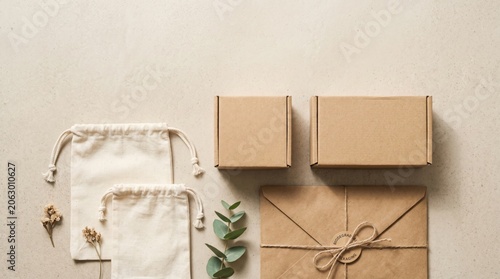 Eco Friendly Product Packaging Mockup with Cardboard Boxes and Paper Envelope
