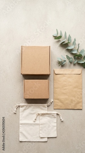 Eco Friendly Product Packaging Mockup with Cardboard Boxes and Paper Envelope