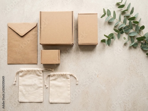 Eco Friendly Product Packaging Mockup with Cardboard Boxes and Paper Envelope