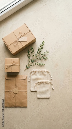 Eco Friendly Product Packaging Mockup with Cardboard Boxes and Paper Envelope