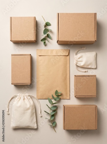 Eco Friendly Product Packaging Mockup with Cardboard Boxes and Paper Envelope