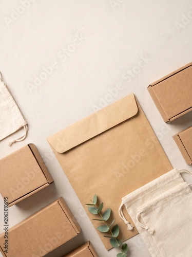 Eco Friendly Product Packaging Mockup with Cardboard Boxes and Paper Envelope