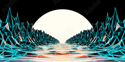 Abstract futuristic 3D render featuring a glowing neon wireframe landscape, digital grid surface and bright horizon. Cyberpunk and synthwave inspired technology representing artificial intelligence.