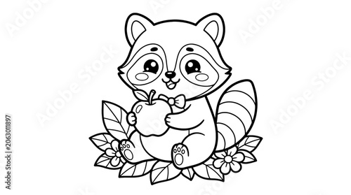 Cute little raccoon holding an apple coloring page for kids vector illustration
