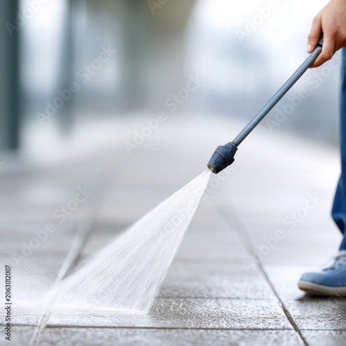 Hand cleans outdoor concrete patio surface with pressure washer, removing built-up dirt and grime