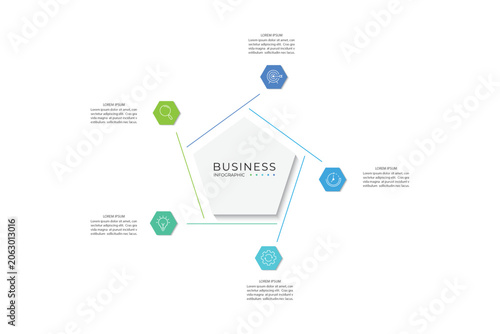Venn diagram infographic chart template for business 5 components, options, presentations with vector illustrations of venn diagram elements.