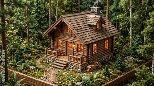 Highly detailed miniature wooden cabin in the forest, isometric view, extremely intricate