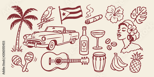 Photography Caribbean Culture Doodle Set Sketch Vector Illustration