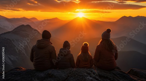 A family enjoys a breathtaking sunset over vast mountain ranges from a scenic vantage point