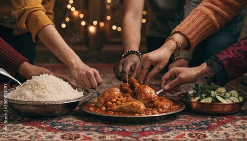 A family gathers to share a festive meal of chicken curry and rice, creating a warm atmosphere with twinkling lights