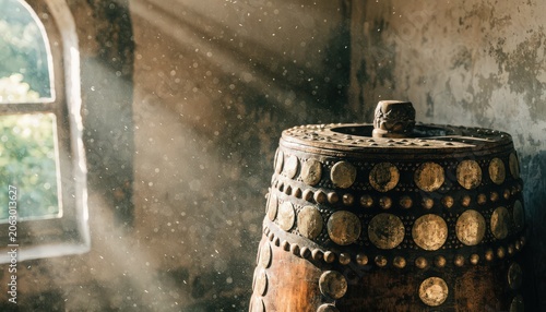 Antique Drum Decorated With Ornate Metal Accents Lit By Golden Afternoon Sunlight Shining Through Dusty Window