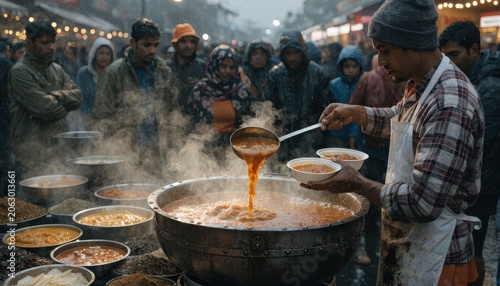 Busy street food vendor serves hot stew to customers in a crowded market on a rainy day